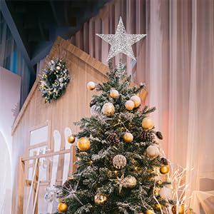 Topo de árvore de Natal, enfeite de árvore de Natal prata com glitter de 25 cm estrela oca de metal
