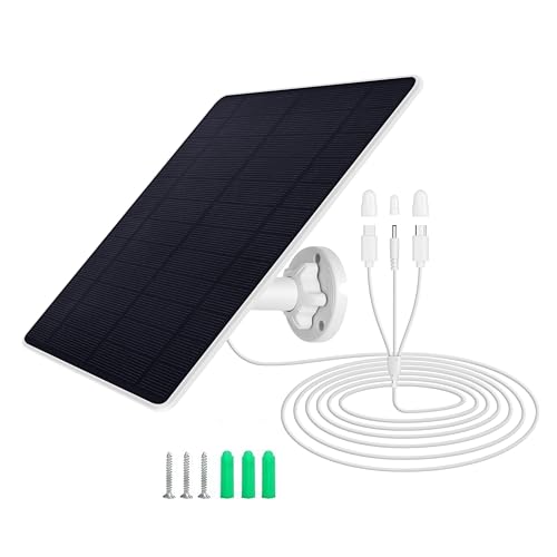 5W Solar Panel for Security Camera with USB C and USB Micro and DC Ports for DC 5V Rechargeable Battery Camera or Cell Phone Charging, IP65 Waterproof, 360° Adjustable Mount, 9.8ft Cable (1pc)
