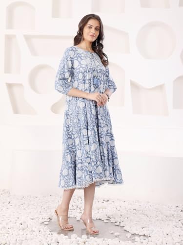 Image of SAVI Blue Cotton Printed Tiered Dress