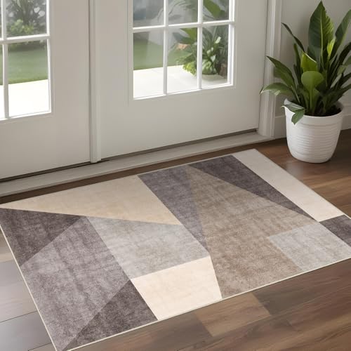 Puino Washable Modern Area Rug: 2x3 Geometric Area Rugs for Entryway Small mat for Kitchen with Non-Slip Backing Indoor Bedroom Door Mat Brown Grey 2'x3'.