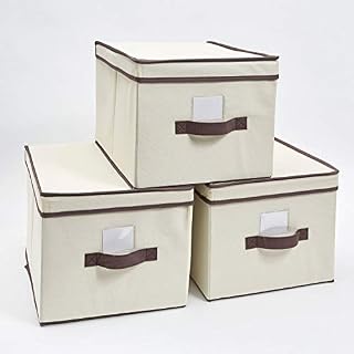 Greenfields Set of 3 Foldable Fabric Storage Boxes With Lids Storage Cube Organizer Bins With Label Holders and Handles (Beige)