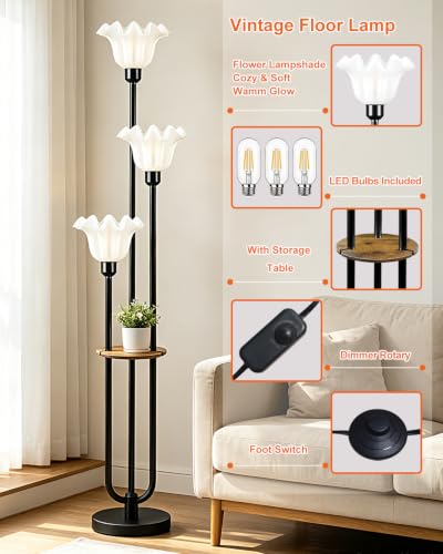 Image of Flower Floor Lamp for Living Room, Mid Century Modern Floor Lamp Dimmable with Shelf & LED Bulbs, 3 Light Black Vintage Floral Standing Tall Lamp for Bedroom Sofa Beside Corner Decor