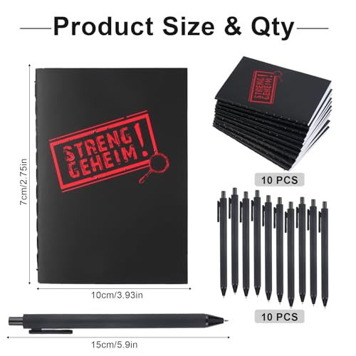 Neerow „Streng Geheim“-Notizheft Set, 10 kleine Notizblöcke (10 × 7 cm) mit 10 Kugelschreibern, Tragbare Notizbücher, 20 Blankoseiten, für Schule Büro Party Mitgebsel Gelöst Detektivparty (Schwarz)