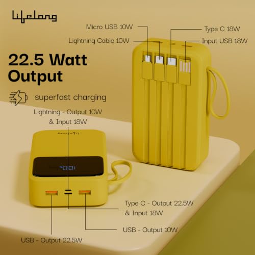 Image of Lifelong Electronics 20000mAh 22.5W Fast Charging Power Bank | 3 Inputs (1 Built-in USB A Cable + 1 C + 1 Lightning Port) & 6 Outputs (3 Built-in Cables + 1 C + 2 A Port) | Small Pocket Size Powerbank