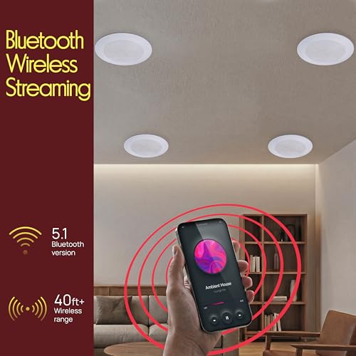 Pyle 8" Bluetooth Ceiling/Wall Speaker Kit, 250W Flush Mount 2-Way Home Speakers, 4 Speakers with Wireless Music Streaming, 4-Channel Amplifier, Quick Install, Round & Square Grills, 11.2" x 3.9" Inch