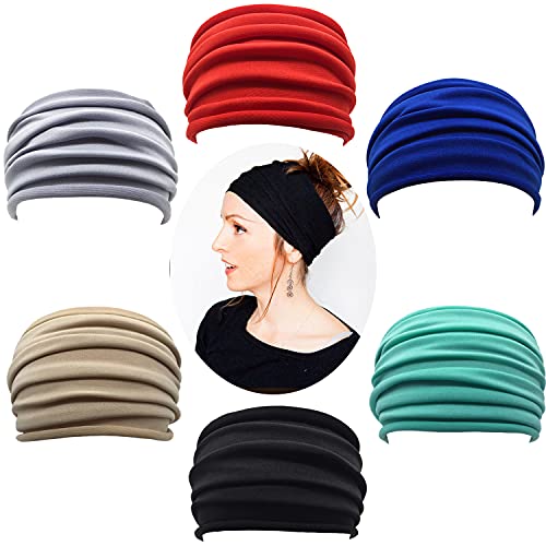 Sports Headbands for Women,ZOCONE 6 PCS Bobo Non Slip Elastic Wide Turban Headbands, Womens Head Wraps for Yoga Running Fitness Hippie Elastic Sports