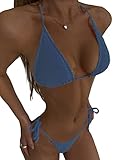 ORANDESIGNE Zweiteiler Badeanzug Damen Sommer Push Up Bandeau Bikini Oberteil und Tunnelzug String Tanga Badehose Set Strandmode Bademode Bauchweg 2 Teiler Einfarbig Neckholder Swimsuit A Blau XXL