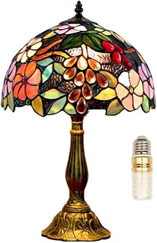 FUMAT Bedside Table Lamp LED E26 Bulb Tiffany Stained Glass Grape Rose Handmade Shade ON Off Switch 18 Inch Tall 12" W Bedroom Home Deco DeskLight