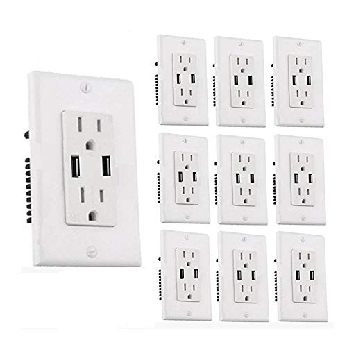 Teklectric - 4.8A Ultra High Speed Dual USB Charger Outlet - 15A Tamper Resistant Receptacle UL Approved - Wall Plate and Screws Included (10 Pack)
