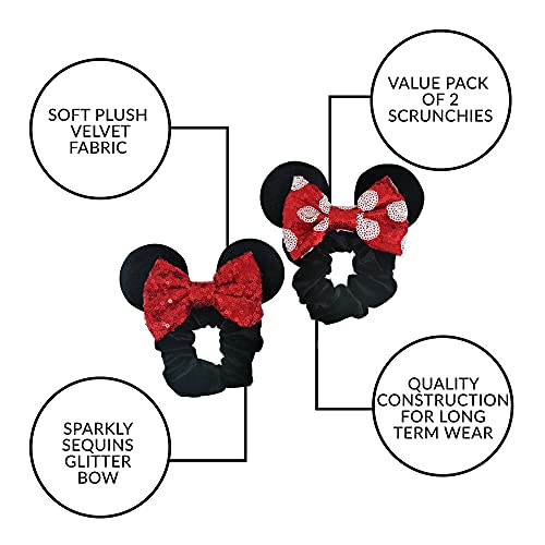 Styla Hair 2 Pack Mouse Ear Scrunchies For Kids Velvet Hair Bow Scrunchies For Women - Sparkle Sequins Mouse Hair Bands For Pony Tail - Red & Black #TOP1