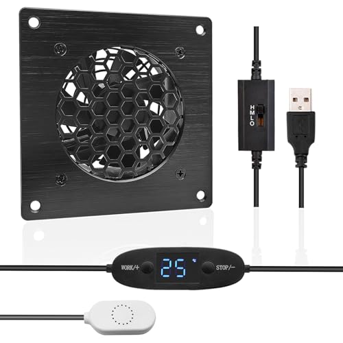 iYueMps Ventilateur USB 80 mm Système de ventilateur silencieux avec affichage numérique de la température, Cadre en aluminium brossé noir,Ventilateur 5 V pour meuble AV, meuble TV, home cinéma