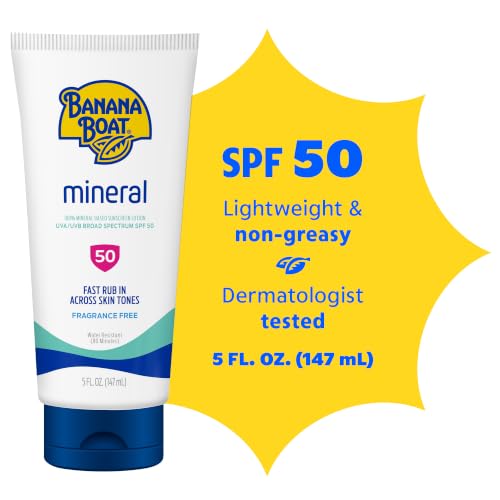 Image of Banana Boat Sensitive Mineral Sunscreen Lotion SPF 50, 5 Fl Oz | Zinc oxide sunscreen, 12 moisturization, Non-greasy, Sweat and water resistant sunblock, UVA /UVB broad spectrum protection