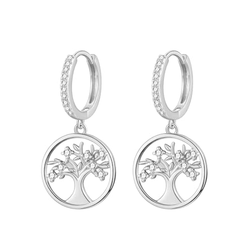 Image of Life Tree Dangle Earrings for Women, Drop Hoop Earrings with Cubic Zirconia Earring for Birthday Christmas