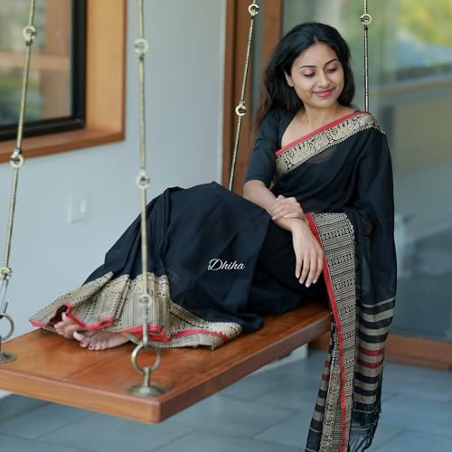 Image of Narayanpet Pure Cotton Saree for Women | Preethika Big Border Saree with Running Blouse | Tassels | Handloom Weave