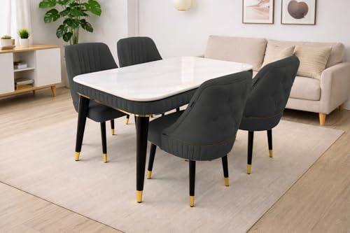 Image of WOODEN SPACE Majestic 4 Seater Wooden Dining Table Set | Urban Marble Top Dining Table with Chairs for Dining Room & Kitchen