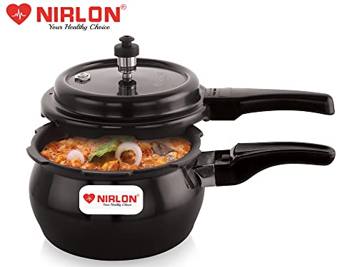 Image of NIRLON Induction Base Hard Anodized Aluminium Outer Lid Handi Pressure Cooker, Glossy finish, Black, 3 Litres