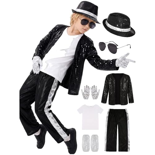 Roi de la Pop, Déguisement Danseur Pop Pour Garçon Ensemble 6 Pièces Veste à Paillettes T-shirt Pantalon Chapeau Lunettes Pour Enfant 4-12 Ans Halloween Carnaval Spectacle, Cosplay, Fête Dansante