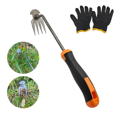 XIAONAN Weed Tool,Garden Weeder Puller Tool with Handle Manual Hand Weeder Tool 4 Teeth Dual Purpose Weeder High Strength Garden Weed Removal Tool for Garden Yard Farm (Rubber Handle)