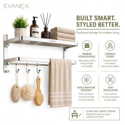 Image of EVANEX Towel Rack for Bathroom 304 Stainless Steel Towel Holder 24 Inch Folding Towel Rack with Shelf Wall Mounted Chrome Finish Bathroom Organizer, Bathroom Accessories Set