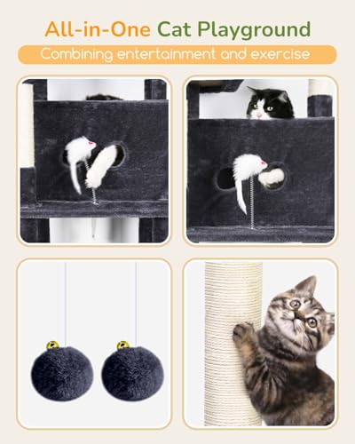 Image of Globlazer Heavy Duty Cat Tree Tower 80in Tall Extra Large Cat Tree Tower for Multiple Indoor Cats Large Adult with Scratching Posts, 2 Spacious Condos, Padded Perches, Soft Hammock, S80B, Dark Grey