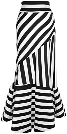 Monique Women Black & White Stripes Maxi Long Skirt High Waist Straight Full Skirt Summer Foldover Skirts Black+White XL