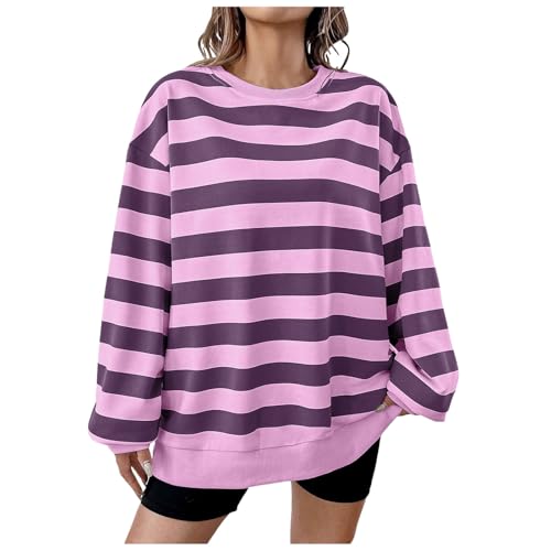 Image of Sweatshirts Fall/Winter 2024 Long Sleeve Stripe Print Loose Sweatshirt Women (Light Purple, M)