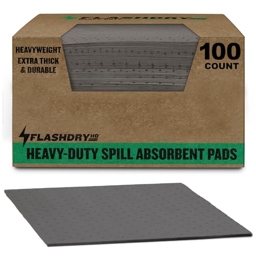 FLASHDRY Universal Heavy Duty Spill Absorbent Pads, Chemical & Oil Absorbing Pads 100 Pack - 300GSM/4mm for Garage, Workshop, Automotive, and Industrial Use - 17.5"x13.5" Perforated, Dispenser Box