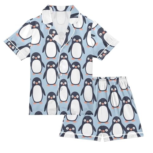 Penguin Pattern Summer Satin Pajama Set, Cute Button-Down Sleepwear Pj Set for Sleep Wears