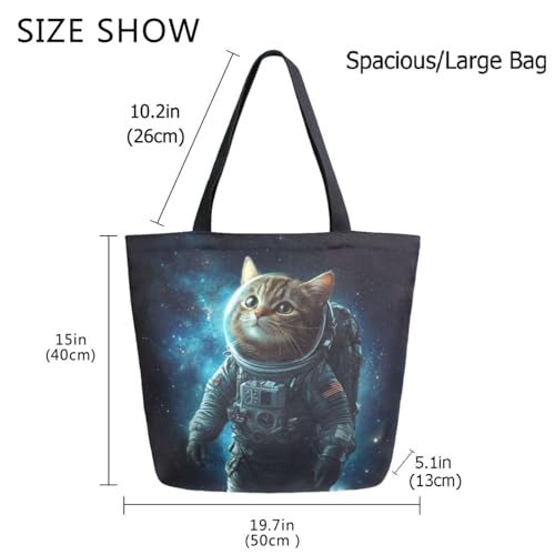 Space Cat Astronaut Extra Large Canvas Gym Shoulder Tote,Durable Daily Reusable Top Handle Bag for Mens Womens Yoga Weekender Picnic Beach Travel Market Shopping3