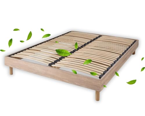 Sommier 140x190 cm, à Latte, 2 Places, en Bois Naturel, Technologie Bi-Lattes avec 4 Zones de...