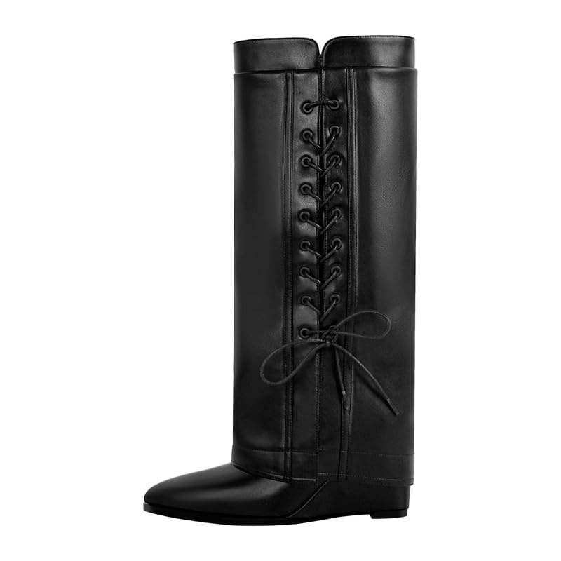 Richealnana Womens Fold Over Slouchy High Heel Pointed Toe Knee High Boots