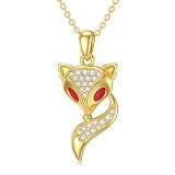 MRENITE Solid 14k Yellow Gold Fox Necklace with Red Dripping Glue and Cubic Zirconia Gold Fox Head T