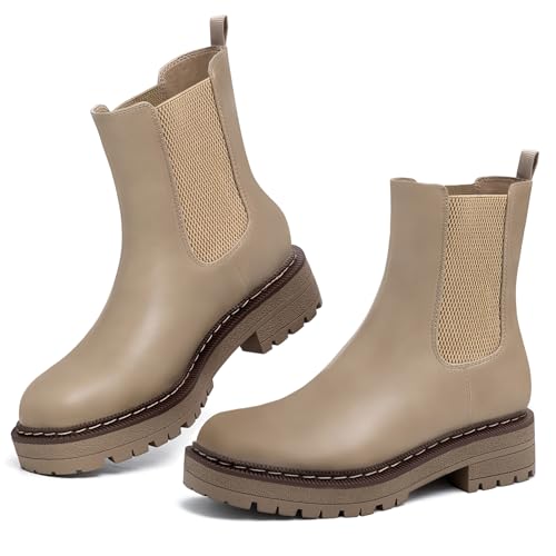 Athlefit Chelsea Boots Women Platform Ankle Boots for Women Lug Sole Round Toe Fashion Low Heel Short Booties Khaki Size 8.5 — view 5