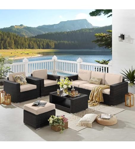 Image of Amazon Brand - Solimo Solara Outdoor 6 Seater Sofa Set | Balcony Sofa | Patio Furniture Sets | Conversation Sets | Wicker | Garden | Balcony | (Dark Brown- Beige)