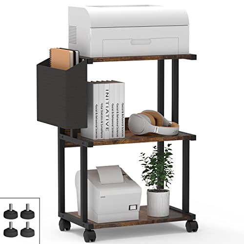 Ostreeful 3 Tier Printer Stand Rustic Brown Printer Mobile Wooden Printer Shelf Table Organizer For Home Office Kitchen #TOP11