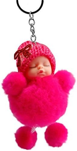 OVERMAL Toy Cute Sleeping Baby Bowtie Fluffy Pompom Fur Plush Doll Keychain Keyring Key Ring
