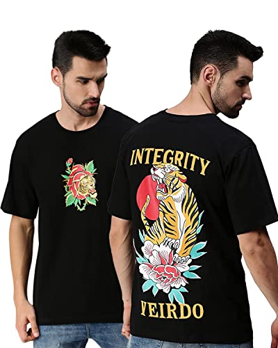 Image of Veirdo Oversized Baggy Fit Pure Cotton Drop Shoulder Half Sleeve & Aesthetic Black & Lilac Back Doodle & Tiger Graphic Printed Round Neck T-Shirt for Men