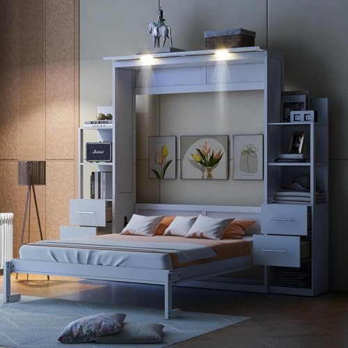 MERITLINE Queen Murphy Bed with Storage Drawers,LED Lights and Shelves,Wood Murphy Wall Bed Cabinet for Adults (White)