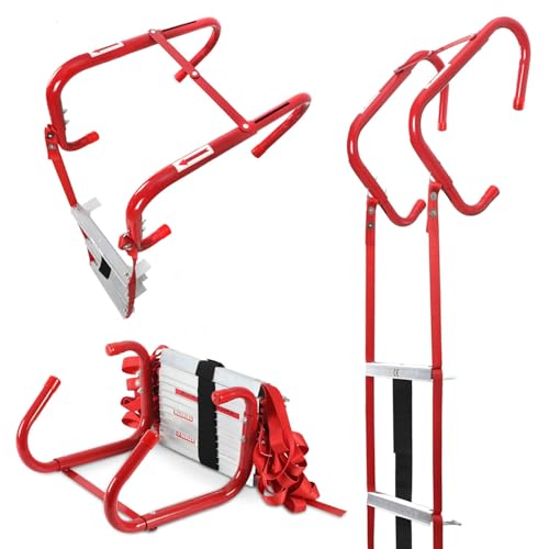 Vkechh Feuerleiter 4.5 m Faltbare Rettungsleiter Rostfrei Non-Slip Aluminium Rungs Lightweight max.450 kg Verstellbarer Haken Belastung EN1147-zertifiziert für Familie Schulen und Büros