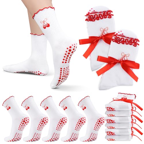 Jeyiour 5 Pairs Coquette Bow Socks for Women Cute Non-slip Pure Cotton Socks with Embroidered for Pilates Yoga Barre Ballet(Cherry)