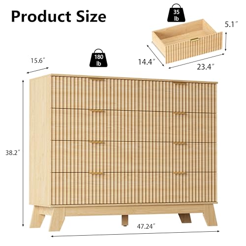 Image of 8 Drawer Dresser for Bedroom, 47''W Fluted Wooden Dresser Storage Cabinet and Chest of Drawers with Metal Handle, Storage Organizer for Living Room, Hallway, Entryway, Wood Color