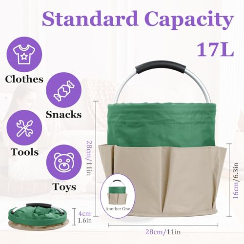 Image of Set of 2 Foldable Cleaning Caddy for Cleaning Supplies, 17L Household Tool Bucket Organizer for Men, Large Cleaning Basket in 600D Oxford Fabric for Travel, Garden, Khaki with Green
