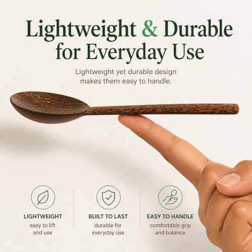 Image of Thenga Natural Handmade Coconut Shell Serving Spoon | Eco-Friendly Wooden Spoons for Kitchen & Dining | Handcrafted Rustic Utensils for Salad, Rice, Snacks & More | Food-Safe Finish (Set of 4, Brown)
