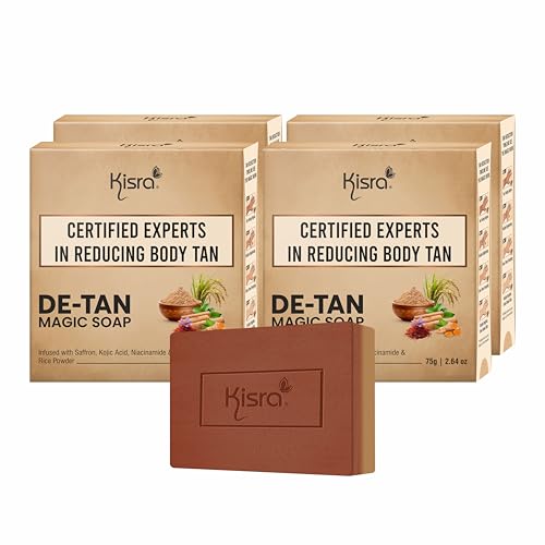 Image of Kisra De-Tan Magic Soap | 2-in-1 Exfoliating Scrub & Cleansing Bar | With 2% Kojic Acid, Niacinamide, Saffron & Walnut | Tan Removal Bath Soap for Dark Spots & Glowing Skin | For Unisex 75g (4 Pack)