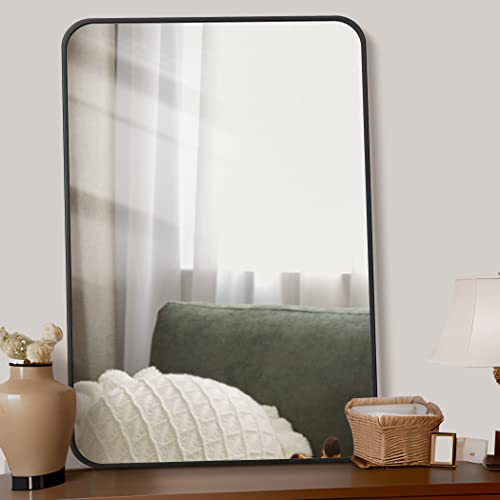Forbath Bathroom Mirror, Rectangle Wall Mounted Vanity Mirror 24" X 36" Rounded Corner Farmhouse Decor Bath Mirror Black Metal Framed For Living Room Bedroom Entryway, Hangs Horizontal Or Vertical #TOP6