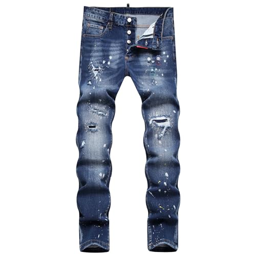 Maiyifu-GJ Mens Distressed Paint Splatter Jeans Ripped Holes Skinny Stretch Denim Pants Destroyed Slim Straight Leg Jean