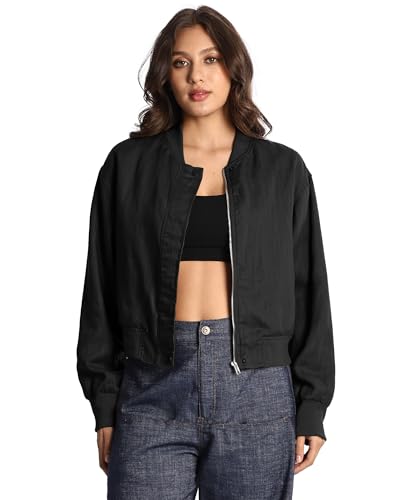Women's Retro Linen Blend Pilot Jacket Casual Zipper Windbreaker with Pockets