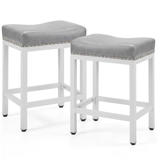 Image of 24 Inch Bar Stools Set of 2, PU Leather Counter Height Stools | Upholstered Modern Saddle Barstools with Metal Base and Footrest for Home Bar, Small Apartment, Grey
