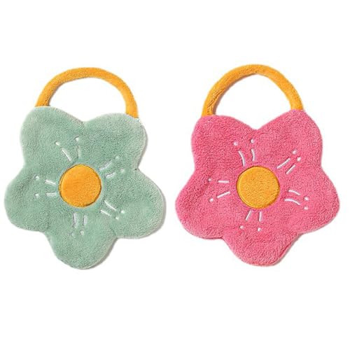 Image of House of Quirk Flower Shaped Hanging Towels Set of 2 | Soft Coral Fleece Kitchen & Bathroom Towels | Super Absorbent & Quick-Dry Decorative Cloths (Pink /Green)