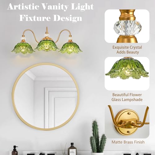 Image of Vintage Bathroom Vanity Light, 3-Light Matte Brass Finish Vanity Light with Floral Green Glass Shades, Retro Wall Sconce for Bathroom, Dressing Table